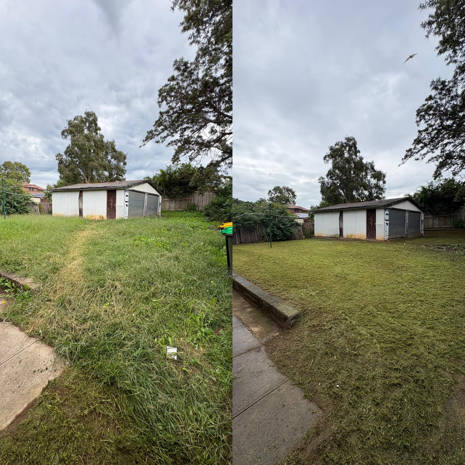 Lawn mowing before and after — property with garage, South West Sydney
