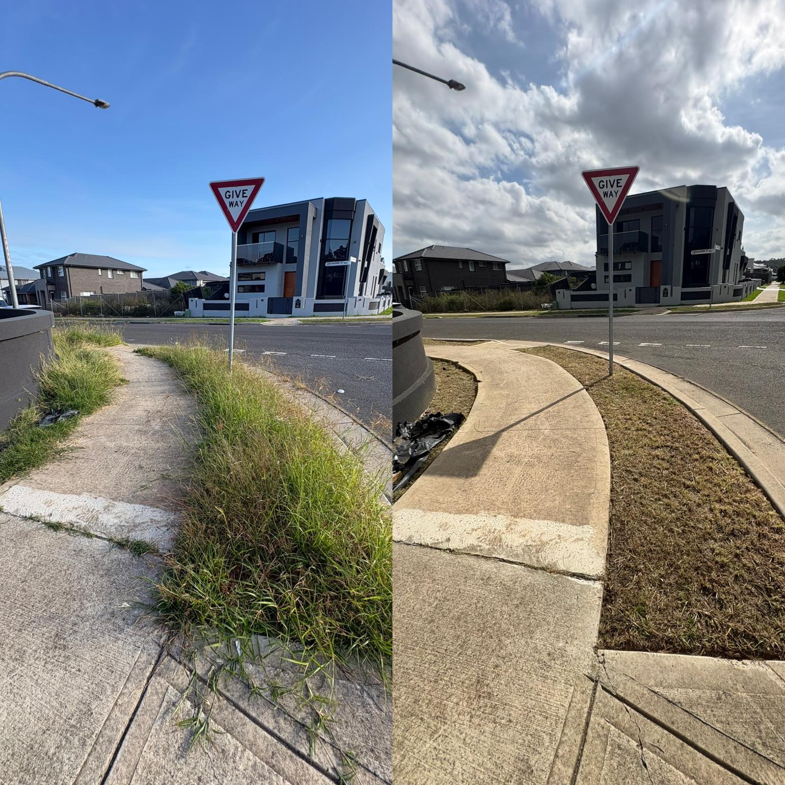 Edging and trimming before and after — street corner Give Way sign
