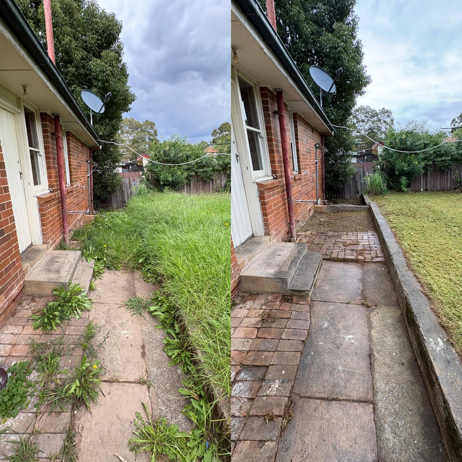 Property clean up before and after — brick home with overgrown pavers
