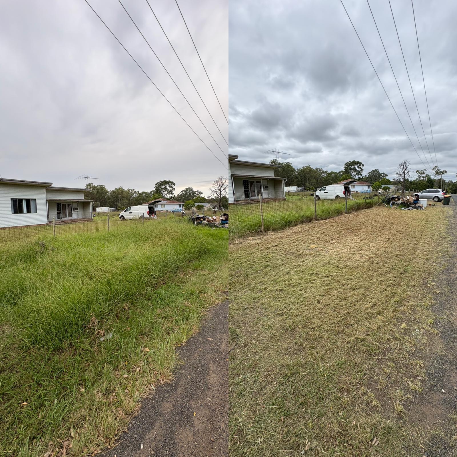Lawn mowing before and after — large rural block with long overgrown grass