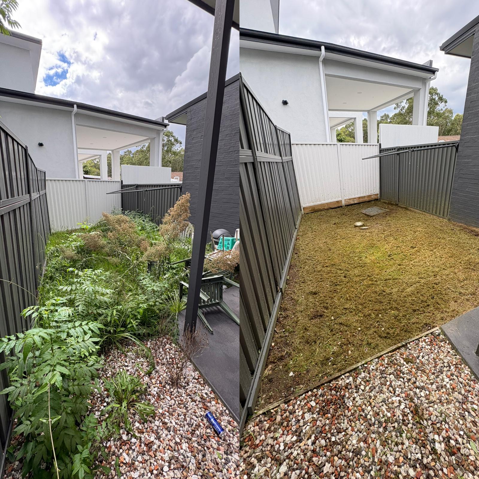 Garden clean up before and after — overgrown courtyard cleared to gravel